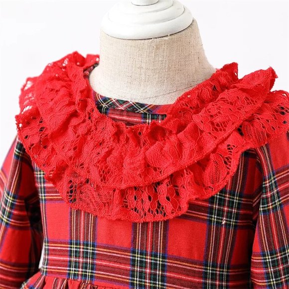 Christmas Girls Red Plaid Long Sleeve Ruffle Dress - Picture 2 of 6